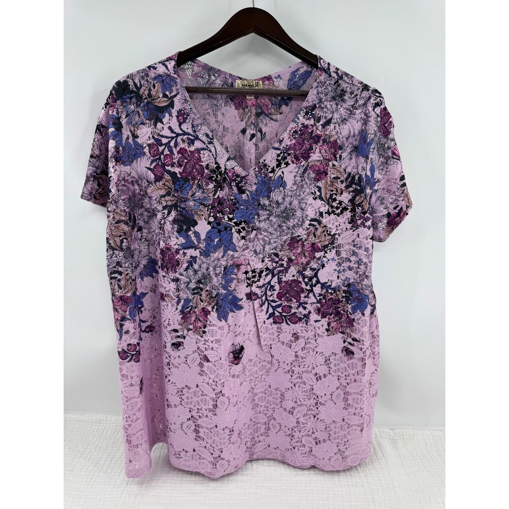 One World Floral Lace Blouse 2X Purple V-Neck Rhinestone Short Sleeve Top‎